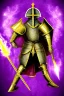 Placeholder: medieval Knight in golden jeweled armor vs dragon, violet color, high detail, sorcery, sparks, mechanical, plasma, treasure, weapons, slithery, goofy