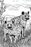 Placeholder: Outline art, no shading, hyenas standing in the bush, full body, cartoon style, black and white, low detail, --ar 9:11