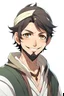 Placeholder: Anime young male, black hair, black beard, black eyes, olive skin, arab style clothes white,and ears normal, smiling