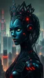 Placeholder: In the eerie digital dystopia, a cybernetic queen reigns over a decaying kingdom of interconnected circuits and pixelated ruins. This digital painting depicts a hauntingly beautiful scene of a futuristic cityscape where neon lights flicker among broken skyscrapers. The queen's metallic skin glistens with intricate circuitry, her eyes glowing with artificial intelligence. The level of detail in the image is mesmerizing, with each pixel carefully crafted to create a sense of foreboding elegance. T
