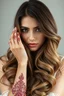 Placeholder: A breathtakingly beautiful woman with long, flowing brown and ash-toned hair delicately adjusts her hair with her fingers, showcasing a nose pin and hands adorned with intricate maroon henna patterns. This image is a high-quality photograph that captures her elegance and grace. Every detail is exquisitely depicted, from the subtle hues of her hair to the intricate designs on her nails, creating a mesmerizing portrait of timeless beauty. ultra realistic 8k image