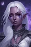 Placeholder: Dungeons and Dragons portrait of the face of a young adult drow rogue blessed by Eilistraee. She has purple eyes, pale armor, white hair, and is surrounded by moonlight
