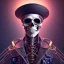 Placeholder: a cyberpunk hacker pirate captain skeleton with a pirate hat sitting in front of a huge old crt monitor in a dark room holding a beer, only light coming from crt monitor, highly detailed, intricate, digital art, trending on artstation, trending on cgsociety, by greg rutkowski