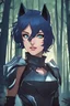 Placeholder: Young woman with midnight blue hair and wolf ears, vivid silver eyes, futuristic leather armor, grinning, fangs, woodland background, RWBY animation style