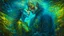 Placeholder: old worn layered canvas, Surrealism, Captivating realistic painting of a MAN, Medium ground, vibrant gold splashes, Multiple exposure, fluffiness, Their faces are BRIGHTLY LITTLE, his hair blends into swirling fractal vines and tree roots, dark green foliage, HE HUGS THE WOMAN, WINGS, Their faces are brightly lit, Flowing hair dissolves into intricate patterns of blue waterfall, Night-time tiny glowing fireflies, Set against a hazy ethereal background, Flashes, Space, Gold fragments, Gold partic