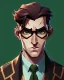 Placeholder: Fit man in round glasses, wavy hair, stubble, slim, tie, monotone, green eyes, comic book style, two tone colours, detailed, ink, realistic, handsome, square jaw, big brows, no jacket, bird on the shoulder, spotlight