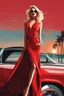 Placeholder: full body fashion style, blonde in red, perfect beauty and harsh aesthetics, Miami Beach, like the style of Rene Gruau,real stic detailed