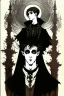 Placeholder: 17 year old boy, necromancer, friendly, looks dead, surrounded by weird smoke with eyes, wearing black robes, in the style of Harry Clarke