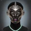 Placeholder: "Organic bionic African male cyborg, alien mask openings, filigree, iridescent metal, shiny, neon, LEDs, diffuse lighting, african print leather with fur black and white fantasy, intricate, elegant, highly detailed, lifelike, photorealistic, dramatic makeup, digital painting, illustration, concept art