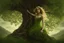 Placeholder: full body shot of a young woman covered in tiny green filigree leaves, emerging from a summer tree, detailed matte painting, deep colour, fantastical, intricate detail