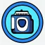 Placeholder: full view, flattened vector image icon of a camera with a dark blue and light blue color palette, transparent background.