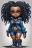 Placeholder: create an airbrush illustration of a chibi cartoon voluptuous black female wearing a blue jean outfit with biker boots. Prominent make up with hazel eyes. Extremely highly detail of a short and shiny twisted dreadlocks. Background of a bike show.