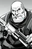 Placeholder: old man behind the aiming with a shotgun, greyscale