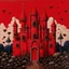 Placeholder: A dark red vampiric castle with hearts designed in Kuna molas painted by Rene Magritte
