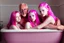 Placeholder: digital art of beautiful young pink hair teenage girls with dad in the bedroom in a bathtub with grandpa hugging bare lips