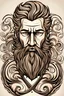 Placeholder: Simple Logo for barbershop. Odin has a cool design hairstyle and beard in Valhalla. Write Barbershop and Valhalla. Should be hair scissors and shaving machine. abstract vector fractal, wave function, Zentangle, 3d shading