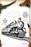 Placeholder: coloring page of a Christmas drawing, A4, white background, black and white, magical style, dreamy, easy drawing, christmas train