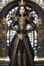 Placeholder: Realistic photography,front_view, (1Queen, looking at viewer), black long hair,traditional dress ornaments mechanical_armor, intricate armor, delicate golden filigree, intricate filigree, black metalic parts, detailed part, dynamic pose, abstrac background, dynamic lighting