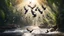 Placeholder: Hyper Realistic photographic-view of Lots-of-Koel-Birds Flying above a river water flowing inside a jungle with sunlight-rays showing dramatic & cinematic ambiance