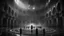 Placeholder: many people man and women standing in a circle, one man in centre floating in the air above the ground, inside dark extremely large sci-fi old cathedral, high ceiling, goth style, dark room, rain, wet, photographic, black and white