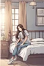 Placeholder: attractive anime woman with brunette long tied hair, t-shirt and sweatpants, full body in frame, bedroom setting