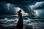 Placeholder: Compose a haunting and powerful image of a beautiful girl surrounded by her sadness in a surreal environment. Use dynamic lighting to create contrast and depth, illuminating her emotions and struggles. The sky above should be turbulent, with storm clouds brewing, reflecting the turmoil within her. In the background, depict a stormy ocean with a sinking ship, symbolizing loss and despair. Show a few people struggling for survival, adding a sense of urgency and chaos to the scene. Let the composit