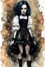 Placeholder: Create and fine print ink wash and watercolor full body portrait illustration of a Goth Girl ball jointed porcelain doll, with finely lined and detailed facial features in a ragged gothic dress, fishnet stockings ,battered combat boots, , in the graphic novel style of Bill Sienkiewicz, and Jean Giraud Moebius, precisely drawn, colored and inked