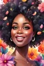 Placeholder: create a watercolor painting image cartoon of a curvy black female looking to the side smiling. Prominent makeup with lush lashes. Highly detailed large tightly curly black afro. Background of colorful flower petals surrounding her