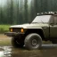 Placeholder: stylized hyperrealistic shot, muddy military pickup truck, guns mounted, monotone color palette, sharp focus, puddle reflection, tire water splash, refraction, mist on the horizon, shadowcast, god rays, detailed and intricate, cinematic composition, micro, tilt shift photography