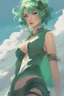 Placeholder: concept art of a beautiful woman with green hair, by Krenz Cushart, clouds, detailed digital artwork, illustrative, painterly, matte painting, highly detailed, cinematic composition, free, liberation