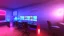 Placeholder: Dimly lit gaming room, with a single desk with a gaming PC, two monitors on the desk, gaming chair, room is filled with neonlights, night time, atmospheric, detailed.