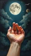 Placeholder: Bosch style painting , 3D hand holding the moon