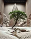 Placeholder: Photograph, a mass of terrain, giant museum space, tree, high walls, high peak in a room, rag, powder, brook, sediments, deflagration of the background, geological formation, light, architecture, minimalist, details of the terrain very accentuated, 8k, deep 3d field, sharp, brutalist, hasselblad h6d400c --ar 85:128 --v 6.0