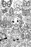 Placeholder: coloring pages for kids, Texto " Lisbeth Del Valle " en alta definición, caracterizado al estilo de Cute hello kitty, halloween y flores, ilustración, mariposas,renderizado 3d, vibrante, 3d render, typography, fantasy art , cartoon style, thick lines, low detail, black and white, no shading, --ar 85:110