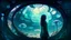 Placeholder: woman standing inside the interior of a ruined alien spaceship, with a circular window, overrun with mushrooms with jellyfish tentacles