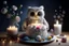 Placeholder: cute chibi plushy fluffy knitted and embroidered natural colored owl with cake in a kitchen, feathers, iridescent flowers incorporated, light emitting, bioluminescent holographic room, silver foil, sparkling diamonds, holographic raw pearls, ethereal, cinematic postprocessing