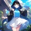 Placeholder: Clear focus,High resolution, Black short fluffy hair, and blue eyes, wearing a light blue sleeveless turtle neck, black cut sleeves, wearing long black boots, wearing a white skirt