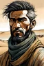 Placeholder: create a front facing, portrait illustration of an young, otherworldly lost Siberian nomadic wanderer with highly detailed, sharply lined and deeply weathered facial features in a desolate tundra steppe landscape in the comic art style of Enki Bilal, precisely drawn, finely lined and inked in arid desert colors