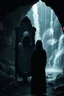 Placeholder: a woman standing in front of a mirror with reflection of her as dark hooded creature in the mirror, in the dark cave with waterfalls in the background