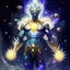 Placeholder: A divine being made from the combination of water and sun with cosmic powers and Dracula God-like man with infinite power who owns the galaxies and wears a beautiful crown A battle suit made of galaxies and stars with a glove that has seven endless stones with a mighty army behind him