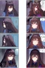 Placeholder: A portrait of a human woman with long brown hair and red eyes wearing competitive horse riding clothes, riding a black horse, intricately detailed, masterpiece, HD, 4k