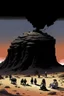 Placeholder: giant black rock with pepe on the top smoking in the desert with small people around n the style of Hiroshi Nagai