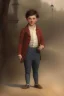 Placeholder: photorealistic oil painting of boy in 1820, standing on a street corner, dimly lit, foggy morning