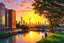 Placeholder: sunset, buildings, lake, rocks, city, park, trees, cyberpunk, sci-fi, paul gauguin, and claude monet impressionism paintings