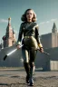 Placeholder: retro portrait image from 1960, Moscow background, wind, long hair, fighting stance, sweet young Scarlett Johansson, classic black tight lycra suit, metal stick weapon, gold bracelet and belt, high heel boots, soft color, highly detailed, unreal engine 5, ray tracing, RTX, lumen lighting, ultra detail, volumetric lighting, 3d, finely drawn, high definition, high resolution.