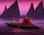 Placeholder: Charon the ferryman in his boat on the river Styx, red black purple colours, 8k, high definition, fantasy art, winding river, sharp jagged rocks, high contrast colours, sharp detail, lava river,