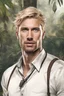 Placeholder: Handsome blond man in his 30s, rich male face, businessman, fulfilling challenges of courage in a dangerous jungle, suffering and bleeding wearing dirty and tattered clothes