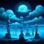 Placeholder: A cyan city in the sky at night made out of clouds with Pacific Northwest totem poles