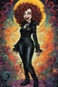 Placeholder: a cartoon illustration of a schizophrenic curly, short haired vampire girl in a black leather jumpsuit, in the cartoon style of Lynda Barry , Ernie Pook's Comeek, vibrant natural colors, , museum quality masterpiece