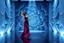 Placeholder: modern stage with gray-blue theme artistic decoration , color full dynamic lighting, a beautiful lady in modern maxy dark purple red dress with shining silver jwells dancing, 3D recursive fractal structure animating background